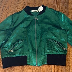 Alice and Olivia Green Satin Bomber Jacket